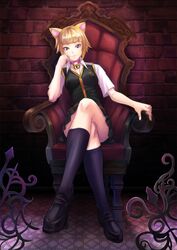  animal_ears bad_id bad_pixiv_id bell blonde_hair breasts brown_eyes cat_ears cat_girl closed_mouth collar crossed_legs female highres kuraishi_tanpopo looking_at_viewer neck_bell school_uniform shoes short_hair sitting skirt smile socks solo witch_craft_works yamagami_mozuku 