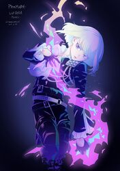  1boy ascot belt black_gloves black_jacket character_name commentary_request copyright_name fire gloves half_gloves highres jacket lio_fotia male_focus multiple_belts platinum_blonde_hair promare purple_eyes purple_fire pyrokinesis signature solo toboso_yana 