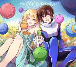  1boy :d bird blonde_hair blush bracelet breasts brother_and_sister brown_hair cagalli_yula_athha closed_eyes collarbone commentary_request dress female green_dress gundam gundam_seed happy_birthday haro highres holding_hands interlocked_fingers jewelry kira_yamato looking_at_viewer medium_breasts necklace open_mouth pilot_suit ring science_fiction short_dress short_hair siblings smile spoilers strapless strapless_dress yuuka_seisen 