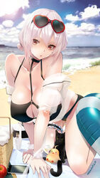  all_fours apple azitama_atsushi_(attyuu) azur_lane bare_shoulders beach beach_towel bikini black_bikini black_cat blue_sky breasts bridal_garter cellphone choker cleavage_cutout clothing_cutout cloud collarbone commentary_request day eyewear_on_head feline female food fruit highres huge_breasts innertube looking_at_viewer manjuu_(azur_lane) ocean official_alternate_costume outdoors phone photoshop_(medium) picnic_basket short_hair signature sirius_(azur_lane) sirius_(scorching-hot_seirios)_(azur_lane) sky smartphone solo sunglasses swim_ring swimsuit towel white_hair yellow_eyes 