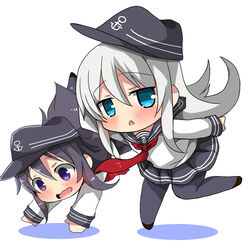  2girls akatsuki_(kancolle) anchor_symbol black_hair black_headwear black_pantyhose black_sailor_collar black_skirt blue_eyes blush brown_footwear chibi colored_shadow commentary_request flat_cap grey_hair hair_between_eyes hat hibiki_(kancolle) kantai_collection long_hair long_sleeves multiple_girls neckerchief open_mouth oshiruko_(uminekotei) outstretched_arms pantyhose parted_lips photoshop_(medium) pleated_skirt purple_eyes red_neckerchief sailor_collar school_uniform serafuku shadow shirt shoes skirt sleeves_past_wrists standing standing_on_one_leg very_long_hair wavy_mouth white_shirt 