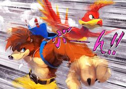  1boy backpack bag banjo-kazooie banjo_(banjo-kazooie) battle bear bird blue_eyes brown_hair commentary_request feathers female green_eyes hat jojo_no_kimyou_na_bouken kazooie_(banjo-kazooie) looking_at_viewer open_mouth racoonwolf shorts simple_background smile sound_effects super_smash_bros. wings 