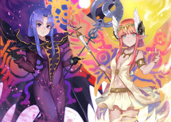  2girls armlet aunt_and_niece black_gloves blue_eyes blue_hair breasts breasts_apart cape circe_(fate) commentary_request dress fate/grand_order fate/stay_night fate_(series) gloves head_wings holding holding_staff komainu_(yamaha1997) long_dress long_hair looking_at_viewer medea_(fate) medium_breasts multiple_girls navel pink_hair pixiv_fate/grand_order_contest_2 pointy_ears purple_dress purple_eyes skirt sleeveless small_breasts smile staff tiara white_skirt wings 