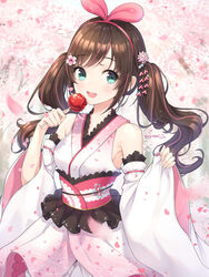  :d absurdres aqua_eyes artist_name azur_lane bare_shoulders breasts brown_hair candy_apple cherry_blossoms commentary detached_sleeves female food glint hair_ornament hairband highres holding japanese_clothes kanzashi kimono kizuna_ai kizuna_ai_(festive)_(azur_lane) kizuna_ai_inc. long_hair long_sleeves looking_at_viewer multicolored_hair obi open_mouth petals photoshop_(medium) pink_hair sash sidelocks small_breasts smile solo soyubee sparkle streaked_hair twintails upper_body virtual_youtuber white_kimono wide_sleeves 