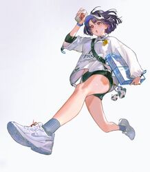  blush bottle commentary female grey_background highres lal!role milk milk_bottle open_mouth original purple_hair red_eyes running shirt shoes short_hair shorts simple_background sneakers solo visor_cap white_footwear white_shirt 