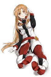  absurdres ankle_boots asuna_(sao) augma blush boots brown_eyes brown_hair closed_mouth commentary_request female full_body gloves hair_between_eyes highres jacket long_hair long_sleeves looking_at_viewer pants red_pants simple_background sitting smile solo sword_art_online sword_art_online_the_movie:_ordinal_scale very_long_hair white_background white_gloves yanagi_marie 