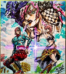  2boys animal_print argyle_clothes argyle_sweater ashiya_kouhei black_eyes black_lips boots choker colosseum commentary_request diavolo female green_eyes guido_mista gun handgun hat highres jojo_no_kimyou_na_bouken jojo_pose kimi_no_na_wa. lipstick long_hair makeup marker_(medium) midriff multiple_boys parody pink_hair pink_nails pose revolver shikishi short_hair signature skirt stamp_mark sweat sweater tiger_print traditional_media translated trish_una undressing vento_aureo weapon 