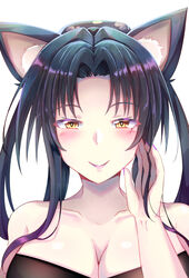  animal_ears arkfield bare_shoulders black_hair blush breasts cat_ears cat_girl cleavage closed_mouth commentary english_commentary female hair_rings hairband high_school_dxd highres kuroka_(high_school_dxd) large_breasts lipstick long_hair looking_at_viewer makeup nekomata purple_lips purple_nails smile solo yellow_eyes 