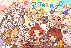  1boy 5girls ardora black_hair blonde_hair blue_eyes brown_eyes brown_hair camera candy closed_eyes commentary_request draph echidna_(granblue_fantasy) elbow_gloves flower food gloves granblue_fantasy hair_ornament hairband horns io_(granblue_fantasy) letter long_hair multiple_girls naoise official_art photo_(object) polaroid polaroid_camera ponytail red_hair short_hair smile stuffed_animal stuffed_toy twintails veil white_hair writing yae_(granblue_fantasy) yaia_(granblue_fantasy) 