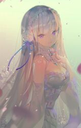  braid breasts commentary crab_d crown_braid elf emilia_(re:zero) female flower hair_flower hair_ornament highres large_breasts long_hair pointy_ears purple_eyes purple_ribbon re:zero_kara_hajimeru_isekai_seikatsu ribbon solo white_flower white_hair wide_sleeves 