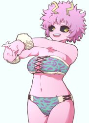  absurdres ashido_mina bad_id bad_pixiv_id bikini black_nails black_sclera boku_no_hero_academia breasts collarbone colored_sclera colored_skin commentary_request cowboy_shot female green_bikini highres horns jipponwazaari large_breasts looking_at_viewer navel partial_commentary pink_hair pink_skin short_hair simple_background smile solo strapless strapless_bikini swimsuit white_background yellow_eyes 