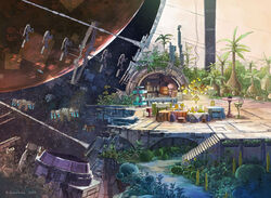  2019 artist_name chair colony_interior commentary_request cover_image floating food fruit highres k_kanehira no_humans official_art planet scenery space spacecraft stairs table the_long_way_to_a_small_angry_planet 