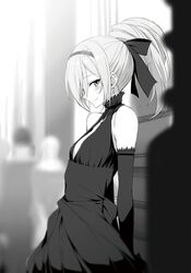  blurry blurry_background blurry_foreground blush bow breasts cleavage detached_sleeves dress earrings evening_gown female from_side greyscale hair_between_eyes hair_ornament hairband hairbow high_ponytail highres jewelry kasuga_ayumu_(haruhipo) krulcifer_einfolk long_hair long_sleeves looking_at_viewer monochrome non-web_source novel_illustration official_art photoshop_(medium) profile saijaku_muhai_no_bahamut sleeveless sleeveless_dress small_breasts smile snowflake_hair_ornament solo standing 