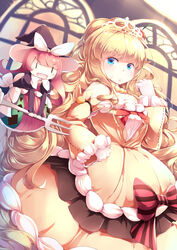  :d absurdres blonde_hair blue_eyes blunt_bangs bow commentary detached_sleeves doll dress duel_monster female fork frilled_sleeves frills frown hand_on_own_hip hand_up hat highres indoors jewelry kanzakietc long_dress long_hair looking_at_viewer madolche_magileine madolche_puddingcess necklace open_mouth pearl_necklace red_hair smile solo striped striped_bow tiara v-shaped_eyebrows very_long_hair wide_sleeves witch_hat yellow_dress yu-gi-oh! |_| 