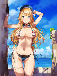  adapted_costume atago_(cruiser) atago_(kancolle) beret bikini bikini_tan black_gloves blonde_hair blue_bikini blue_hat blue_sky breasts bridal_garter cloud cloudy_sky commentary_request cowboy_shot cruiser day detached_collar female gloves green_eyes hat historical_name_connection kantai_collection large_breasts long_hair looking_at_viewer military military_vehicle name_connection navel object_namesake outdoors photoshop_(medium) sameha_ikuya ship side-tie_bikini_bottom sky smile solo swimsuit tan tanlines vehicle_and_personification warship watercraft white_bikini 