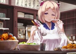  aki_rosenthal alternate_costume apron blonde_hair blue_kimono bob_cut bottle commentary cooking counter croquette cup detached_hair drinking_glass female flyer hair_ornament headgear holding holding_ladle holding_saucer hololive japanese_clothes kappougi kimono kitchen konkito ladle long_hair low_twintails one_eye_closed osandon plate purple_eyes restaurant salad saucer short_hair smile solo tasting tasting_plate twintails upper_body virtual_youtuber 