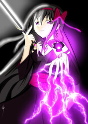  akemi_homura akuma_homura artist_request black_dress black_hair bow choker commentary dark_orb_(madoka_magica) dress earrings electricity energy_sword english_commentary female force_lightning hairband hairbow highres jewelry lightsaber long_hair looking_at_viewer mahou_shoujo_madoka_magica mahou_shoujo_madoka_magica_movie purple_eyes red_hairband sith solo star_wars sword watermark weapon web_address 