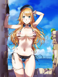  adapted_costume atago_(cruiser) atago_(kancolle) beret bikini black_gloves blonde_hair blue_bikini blue_hat blue_sky breasts bridal_garter cloud cloudy_sky commentary_request cowboy_shot cruiser day detached_collar female gloves green_eyes hat historical_name_connection kantai_collection large_breasts long_hair looking_at_viewer military military_vehicle name_connection navel object_namesake outdoors photoshop_(medium) sameha_ikuya ship side-tie_bikini_bottom sky smile solo swimsuit vehicle_and_personification warship watercraft white_bikini 