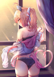  absurdres ahoge animal_ears ass bad_id bad_pixiv_id black_panties cat_ears cat_tail choker cowboy_shot female from_behind headgear highres jacket juneau_(mod)_(warship_girls_r) juneau_(warship_girls_r) long_hair long_sleeves multiple_tails panties pink_hair pink_thighhighs ray_(pixiv9514208) skindentation solo standing tail thighhighs traditional_media underwear undressing warship_girls_r white_jacket yellow_eyes 