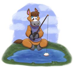  2019 animal_crossing cc-by-nc-nd creative_commons elmer_(animal_crossing) equid equine fishing_rod hi_res mammal nintendo orlandofox simple_background water 