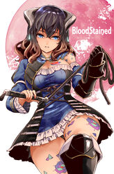  black_hair bloodstained:_ritual_of_the_night blue_eyes breasts brown_hair commentary_request detached_sleeves female gauntlets gradient_hair hair_between_eyes hair_ornament hayadai highres large_breasts long_hair looking_at_viewer miriam_(bloodstained) multicolored_hair pale_skin panties pantyshot short_hair simple_background smile solo stained_glass tattoo thighs underwear weapon whip 