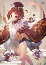  :&gt; absurdres animal apron bare_legs beige_background benienma_(fate) bird brown_eyes brown_hair closed_mouth clothed_animal commentary_request egasumi fate/grand_order fate_(series) feather_collar female food gold_trim hat highres holding japanese_clothes long_hair long_sleeves low_ponytail mid-stride ohitsu onigiri shamoji shirama_(c2h76_5) short_eyebrows smile solo sparrow very_long_hair very_long_sleeves white_apron wide_sleeves 