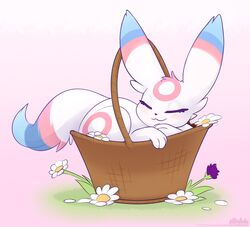  2019 alternate_color ambiguous_gender basket black_nose blue_body blue_fur blush container daww dipstick_tail eeveelution fan_character feral flower fluffy fluffy_tail fur generation_2_pokemon generation_6_pokemon happy hi_res loimu long_ears markings minttu_(loimu) multicolored_tail nintendo pink_body pink_fur pink_markings plant pokemon pokemon_(species) sleeping solo sylveon tail tail_markings text umbreon url white_body white_fur 