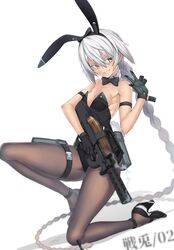  animal_ears ayaki black_footwear black_pantyhose blush bow bowtie braid breasts bullpup commentary_request female full_body gloves grey_eyes grin gun hair_between_eyes high_heels holding holding_gun holding_weapon long_hair on_one_knee original p90 pantyhose playboy_bunny rabbit_ears ribs signature skinny smile smoke solo submachine_gun tactical_playboy_bunny thighs very_long_hair weapon white_background white_hair 