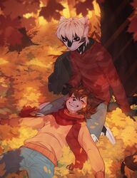  2018 5_fingers absurd_res anthro autumn clothed clothing detailed_background digital_media_(artwork) duo felid fingers fumiko hair head_on_lap hi_res leaves_on_ground male mammal on_lap scarf sitting smile sweater topwear white_hair 