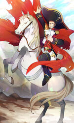  1boy blue_eyes brown_hair cape cloud cloudy_sky commentary_request epaulettes facial_hair fate/grand_order fate_(series) goatee hat highres horse horseback_riding large_hat long_sideburns long_sleeves looking_at_viewer male_focus military military_uniform napoleon_bonaparte_(fate) napoleon_crossing_the_alps neo_kabocha pants riding sash short_hair sideburns sky smile solo uniform 