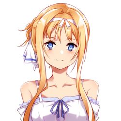  alice_zuberg bad_id bad_pixiv_id bare_shoulders blonde_hair blue_eyes blue_ribbon blush breasts cleavage closed_mouth collarbone female hair_intakes hairband highres light_blush looking_at_viewer medium_breasts neck_ribbon off_shoulder portrait ribbon sidelocks simple_background smile solo sword_art_online sword_art_online:_alicization tied_hair white_background white_hairband yoru_kiri 