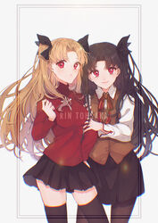  2girls absurdres black_bow black_pantyhose black_ribbon black_skirt black_thighhighs blonde_hair bow breasts brown_hair character_name chromatic_aberration closed_mouth collared_shirt commentary_request cosplay ereshkigal_(fate) fate/grand_order fate/stay_night fate_(series) floating_hair hair_ribbon hairbow highres homurahara_academy_school_uniform ishtar_(fate) long_hair looking_at_viewer medium_breasts miniskirt multiple_girls neck_ribbon pantyhose pleated_skirt red_eyes red_ribbon red_shirt ribbon school_uniform self_cosplay shirt siblings sisters skirt smile standing suna_co thighhighs tohsaka_rin tohsaka_rin_(cosplay) uniform very_long_hair white_background white_shirt wing_collar zettai_ryouiki 