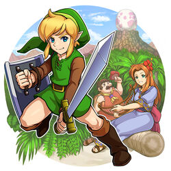  2boys blonde_hair blue_dress blue_eyes blue_sky boots brown_eyes brown_hair cloud commentary dress egg female gomi green_tunic harp holding holding_instrument holding_mushroom holding_sword holding_weapon instrument left-handed link marin_(zelda) mountain multiple_boys mushroom rainforest sky sword tarin the_legend_of_zelda the_legend_of_zelda:_link&#039;s_awakening weapon windfish&#039;s_egg 