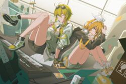  2girls bad_id bad_pixiv_id belt blonde_hair blue_eyes boots bow box cd computer cymbals drum drum_set electric_guitar eyewear_on_head fingerless_gloves full_body gloves green_eyes green_hair guitar gumi hair_ornament hairbow hairclip headphones headphones_around_neck highres holding holding_paper holding_pen instrument jacket kagamine_rin keyboard_(instrument) knees_to_chest knees_up laptop looking_at_viewer multiple_girls one_eye_closed optical_drive paper pen pen_to_chin shoes short_hair_with_long_locks shorts sitting smile sneakers speaker sunglasses thighs vocaloid white_bow wounds404 yamaha_dx7 