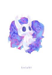  1other absurdres bad_id bad_twitter_id blade blue_flower blue_rose bug character_name cloak coiled_nail_(hollow_knight) flower fortisselle full_body highres hollow_eyes hollow_knight knight_(hollow_knight) nail_(hollow_knight) rose solo white_background 