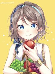  :q apple bad_id bad_twitter_id basket blue_eyes blush bracelet commentary earrings female food fruit grapes grey_hair hairband highres holding holding_basket holding_food holding_fruit jewelry licking_lips love_live! love_live!_sunshine!! makura_(makura0128) pear shirt short_hair sleeveless sleeveless_shirt solo tongue tongue_out twitter_username upper_body watanabe_you yellow_background 