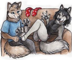  4_toes 5_fingers 6:5 anthro barefoot blue_eyes brandon_(wolfn85) breasts canid canine canis clothed clothing duo feet female fingers foot_fetish footwear fully_clothed furniture laugh legwear loose_feather male male/female mammal pawpads sasha_(wolfn85) shiverz smile socks sofa tickling toes wolf 