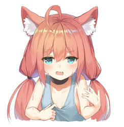  ahoge aliter animal_ear_fluff animal_ears bare_arms bare_shoulders blue_eyes blush cat_ears commentary cropped_torso female grey_tank_top hair_between_eyes hinata_channel long_hair low_twintails nekomiya_hinata oerba_yun_fang open_mouth pink_hair sidelocks simple_background solo sweat tank_top twintails upper_body virtual_youtuber white_background 