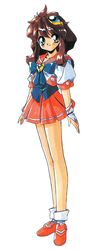  1990s_(style) aqua_eyes female full_body hair_ornament highres idol_project long_hair looking_at_viewer mimu_emilton non-web_source official_art pink_skirt pleated_skirt red_hair retro_artstyle school_uniform short_sleeves simple_background skirt smile solo standing suzuki_noritaka white_background 