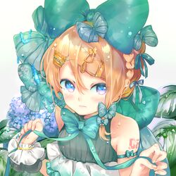  aqua_bow aqua_bowtie bad_id bad_pixiv_id bare_shoulders beads blonde_hair bow bowtie bracelet braid collarbone commentary english_commentary female flower gold hair_ornament hair_ribbon hairbow highres holding holding_ribbon hydrangea jewelry kagamine_rin large_bow leaf oyamada_gamata ribbon short_hair shoulder_ribbon shoulder_tattoo sidelocks solo tattoo vocaloid water_drop white_background wristband 