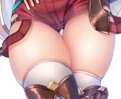  atelier_(series) atelier_ryza atelier_ryza_1 brown_thighhighs close-up commentary_request denpa_(denpae29) female lower_body red_shorts reisalin_stout short_shorts shorts simple_background solo thigh_gap thighhighs thighs white_background white_thighhighs 