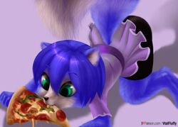  anthro blue_body blue_fur blue_hair canid canine clothing eating female food fox fur green_eyes hair hi_res krysi mammal pizza simple_background solo text url v-tal vtalfluffy young young_anthro 