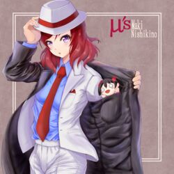  bad_id bad_pixiv_id character_name coat commentary_request cosplay female formal group_name hat love_live! love_live!_school_idol_project macken medium_hair michael_jackson michael_jackson_(cosplay) necktie nesoberi nishikino_maki overcoat pocket_square purple_eyes red_hair smooth_criminal suit yazawa_nico 