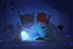  2018 absurd_res ailurid anthro asdlfhaksje bandage bandaged_tail blue_eyes book clothed clothing detailed_background digital_media_(artwork) domestic_cat duo felid feline felis fumiko green_eyes hi_res male mammal night_light open_mouth reading red_panda smile strayfrist teeth tongue under_blanket 