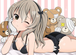  absurdres ass bad_id bad_pixiv_id bandages bed black_bra black_panties black_ribbon blush boko_(girls_und_panzer) bow bow_bra bow_panties bra breasts brown_eyes closed_mouth commentary eyepatch female girls_und_panzer hair_ribbon head_rest head_tilt heart highres lace lace-trimmed_bra lace-trimmed_panties lace_trim light_brown_hair long_hair looking_at_viewer lying on_bed on_stomach one_eye_closed one_side_up panties pink_background ribbon ruruepa shimada_arisu small_breasts smile solo striped striped_background stuffed_animal stuffed_toy teddy_bear underwear vertical_stripes 