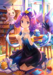  :3 acerola_(pokemon) alolan_diglett antenna_hair armlet azurill book bookshelf bug butterfly closed_mouth collarbone commentary dedenne dress female gengar hair_ornament indoors kneeling kutsunohito looking_at_viewer marill medium_hair mimikyu open_book poke_ball poke_ball_(basic) poke_ball_symbol pokemon pokemon_(creature) pokemon_sm purple_eyes purple_hair reading rotom rotom_dex short_dress sleeveless sleeveless_dress togedemaru 