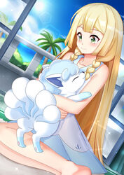  alolan_vulpix blonde_hair blue_sky braid chinese_commentary closed_mouth cloud commentary_request day dress female green_eyes highres lenxiao lillie_(pokemon) long_hair palm_tree photoshop_(medium) pokemon pokemon_(anime) pokemon_(creature) pokemon_sm_(anime) sitting sky sleeveless sleeveless_dress smile tree twin_braids white_dress 