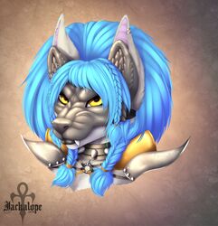  armor blue_hair braided_hair canid canine fur grey_body grey_fur hair jackalope_(artist) mammal piercing solo warrior yellow_eyes 