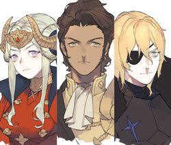  2boys aged_up armor black_armor blonde_hair blue_eyes brown_hair claude_von_riegan closed_mouth commentary_request crown dark-skinned_male dark_skin dimitri_alexandre_blaiddyd double_bun earrings edelgard_von_hresvelg eyepatch female fire_emblem fire_emblem:_three_houses gen&#039;ya_(nharanor) green_eyes hair_bun hair_ornament headpiece jewelry multiple_boys short_hair simple_background upper_body white_background 