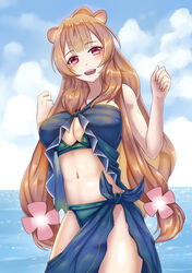  absurdres animal_ears bare_shoulders bikini blue_bikini blue_sky blush breasts brown_hair cleavage cloud commentary_request cowboy_shot day der_zweite female frills highres large_breasts long_hair looking_at_viewer navel ocean open_mouth ponytail purple_eyes raccoon_ears raccoon_girl raccoon_tail raphtalia sarong sky smile solo swimsuit tail tate_no_yuusha_no_nariagari 